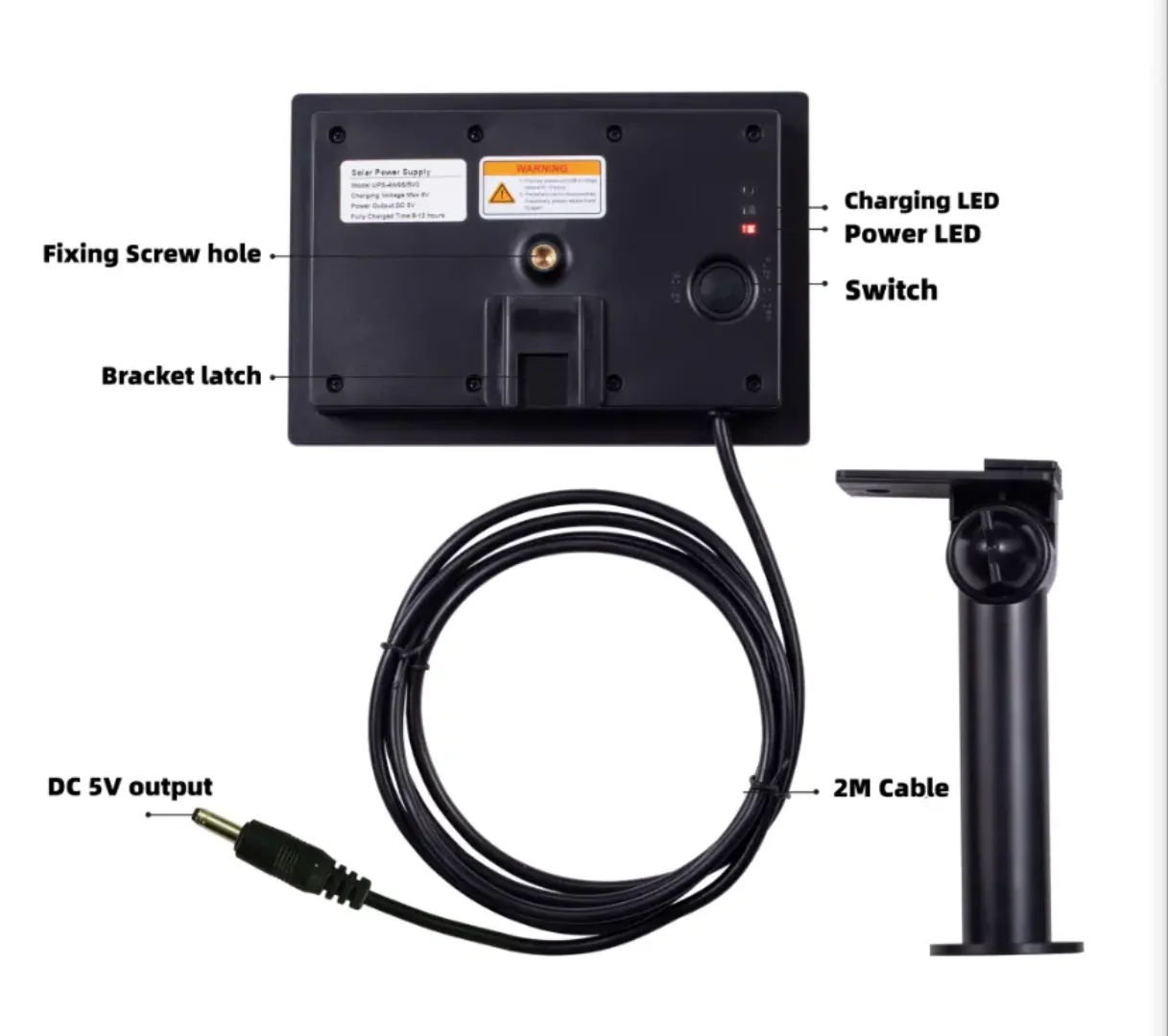 Back of the Nexomatic solar power supply showing the on/off switch, charging and power LEDs, bracket latch, 2 m cable and DC 5V output